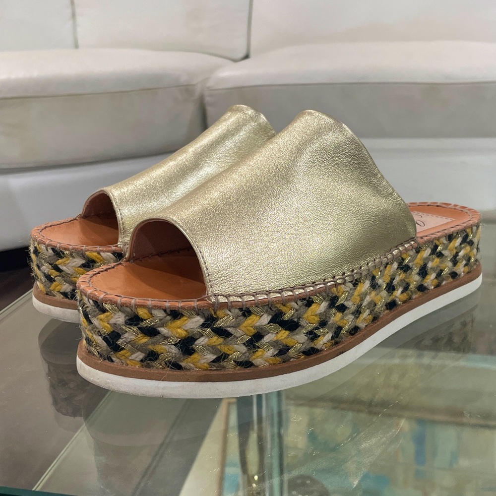 Gold kid leather hand made woven espadrille platform mule flatforms madein Spain